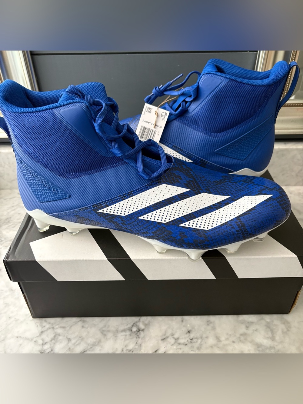 adidas Men's adizero Chaos Mid Lineman Football Cleats Royal Blue White Size 16